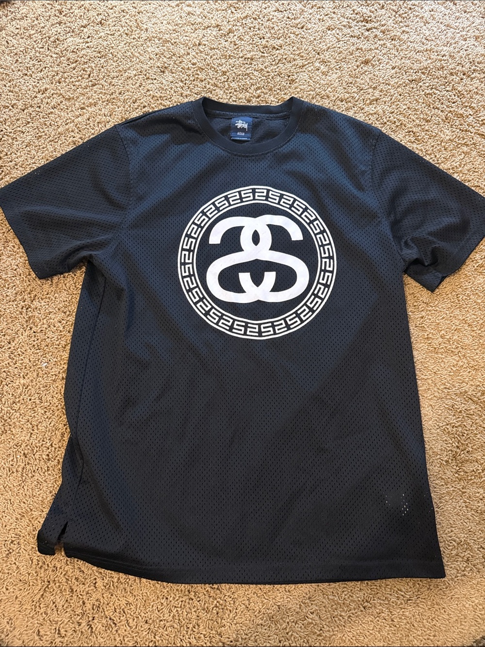 Vintage Stussy Black Short-Sleeve Mesh Tee with White Circular Logo
